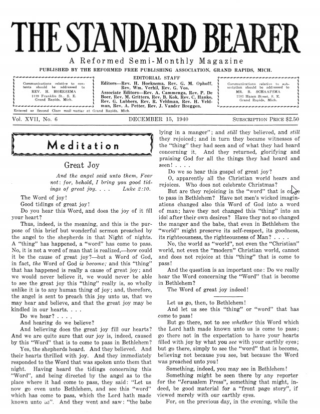 Vol 17 Issue 06 12/15/1940 The Standard Bearer Magazine by Reformed